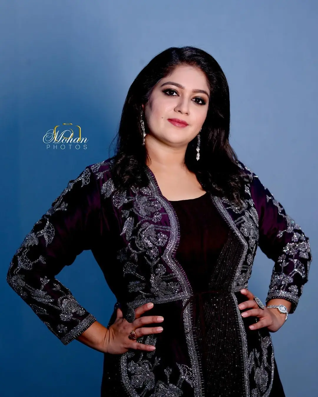 Meghana Raj Wearing Beautiful Earring Black Designer Gown